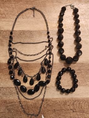 Layered Black Statement Necklace Set - Elegant Multi-Strand Design